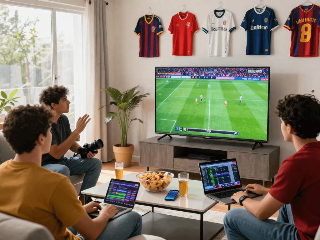 Watch the live football match on http://rakhoitv.network/ in a vibrant living room atmosphere.